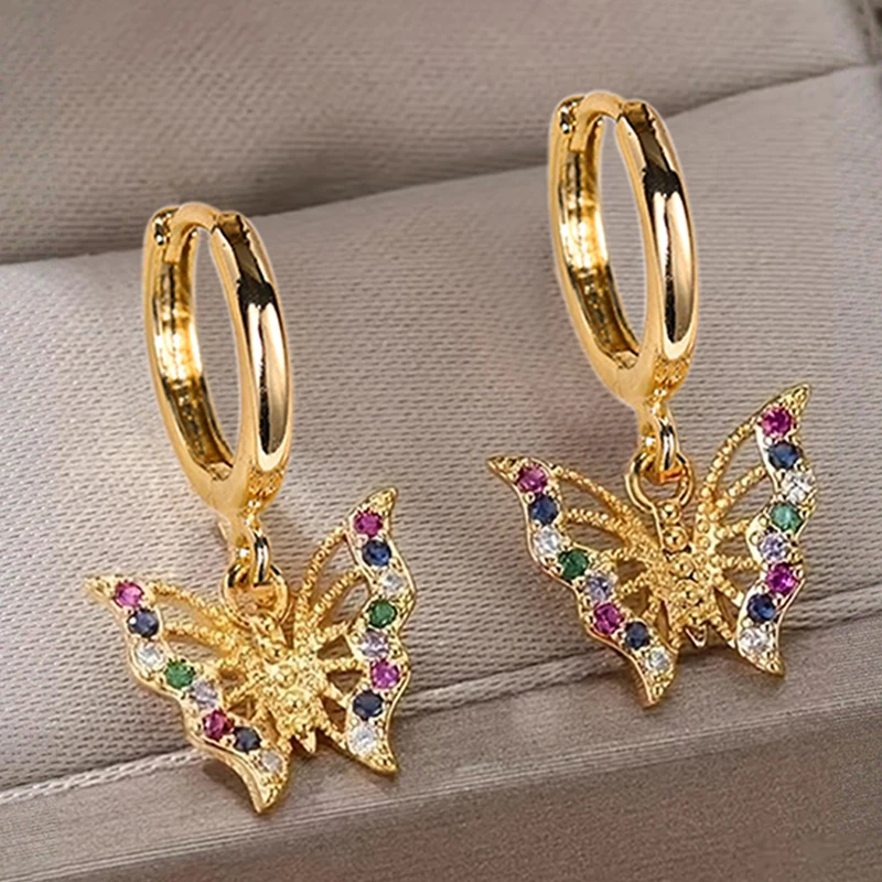 Huitan Hohle Schmetterlings-Tropfenohrringe mit bunten, glänzenden CZ-Steinen, niedliche, trendige, vielseitige Accessoires für Party und Alltag, goldfarbener Schmuck