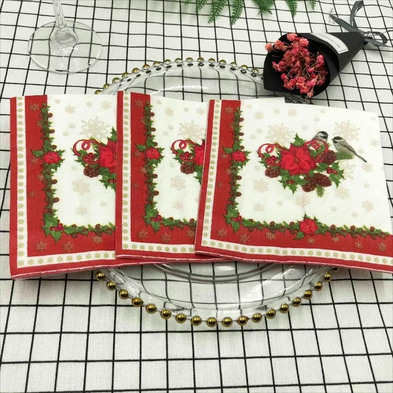 20pcs/Pac 33*33cm 2-Ply Christmas Style Red Lace Bird Colourful Printed Napkin Festive Party Paper Napkin Mouthcloths