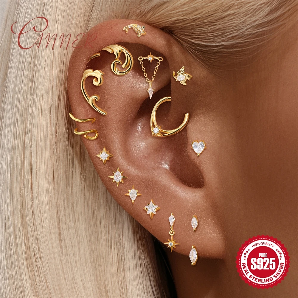 CANNER 925 Sterling Silber Glatter Gothic-Wellen-/Schlangen-/Stern-Piercing-Ohrring mit Innengewinde – Persönliche Geschenke im INS-Stil