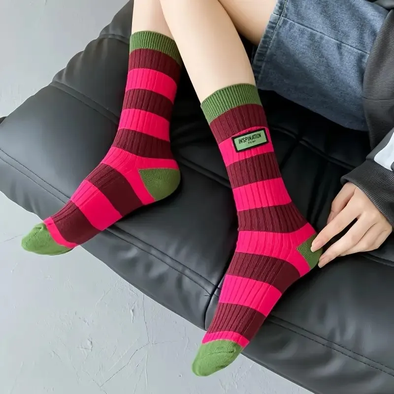 1/3 Paar Damen-Socken aus Baumwolle mit Seitenetikett und mittlerer Röhre, modischer karierter Druck, Street-Style, schweißabsorbierend, atmungsaktiv, lässige Socke – Detail 5