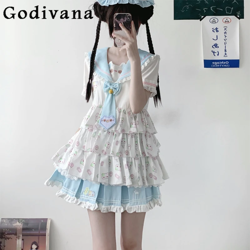 

Original Japanese Kawaii Skirt Set Summer Sweet Girl's Cute Print Navy Collar Short-sleeved Top Skirt 2-piece Daughter Clothes