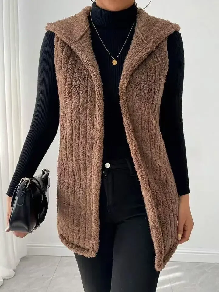 

2025 Autumn Winter Brown Long Thick Vest Coat Woman Sleeveless Plush Warm Waistcoat Lady Hooded Casual Vest Jacket