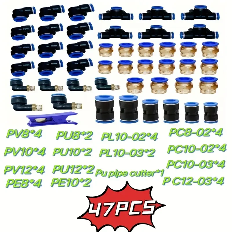 47pcs Air Hose Fitting Set, PVC Quick Connect Push-to-Connect NPT Thread Fittings, with Nylon Tubing
