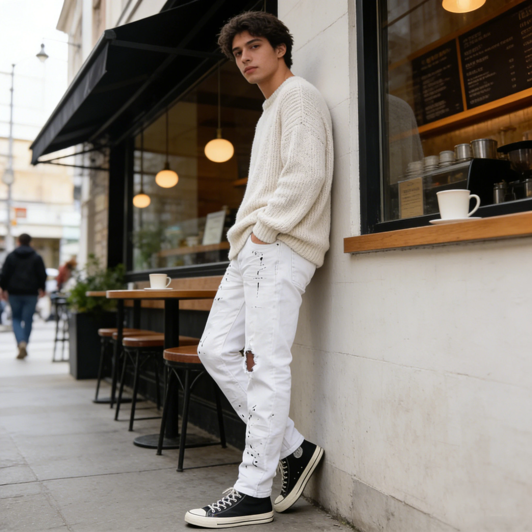 Fashionable men's perforated white jeans, retro high street style, casual, elastic, comfortable straight leg pants for men