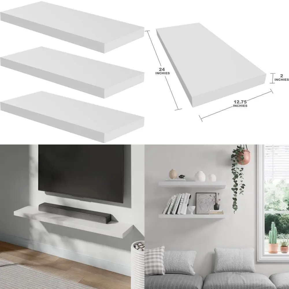 

Набор из трех деревянных настенных полок шириной 24 дюйма x глубиной 12,75 дюйма x высотой 2 дюйма, со скрытыми монтажными кронштейнами для Livin