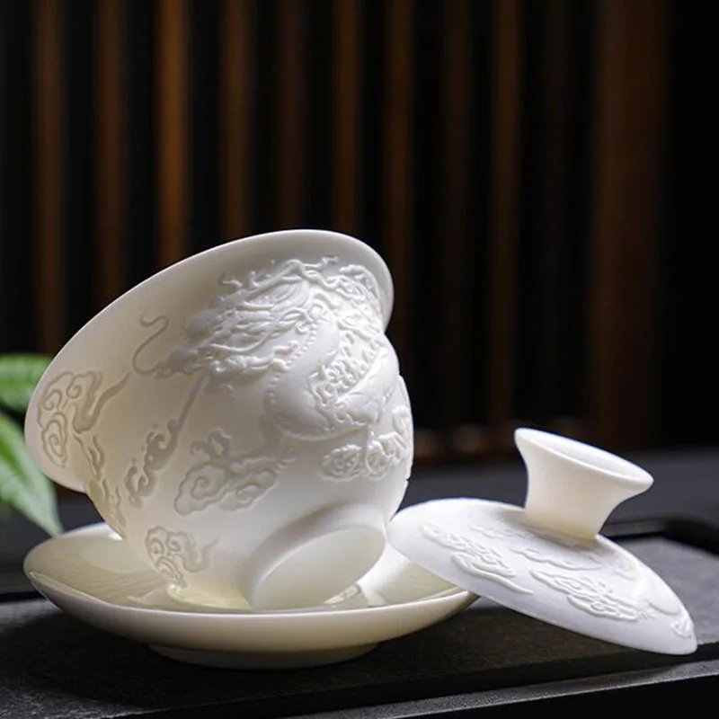 White Porcelain Relief Dragon Phoenix Auspicious Cloud Pattern Sancai Gaiwan Tea Tureen Kungfu Tea Infuser Bowl Kitchen Teaware