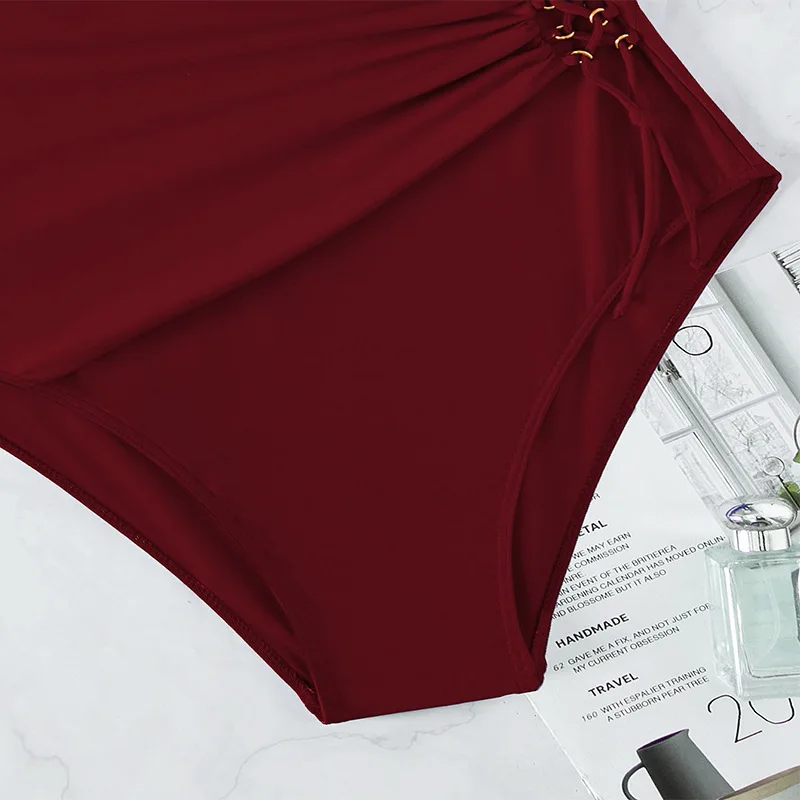 Sexy vinho vermelho cruz maiôs uma peça bandagem cordão gravata biquínis roupa de banho bodysuits feminino biquini fatos de banho tankini