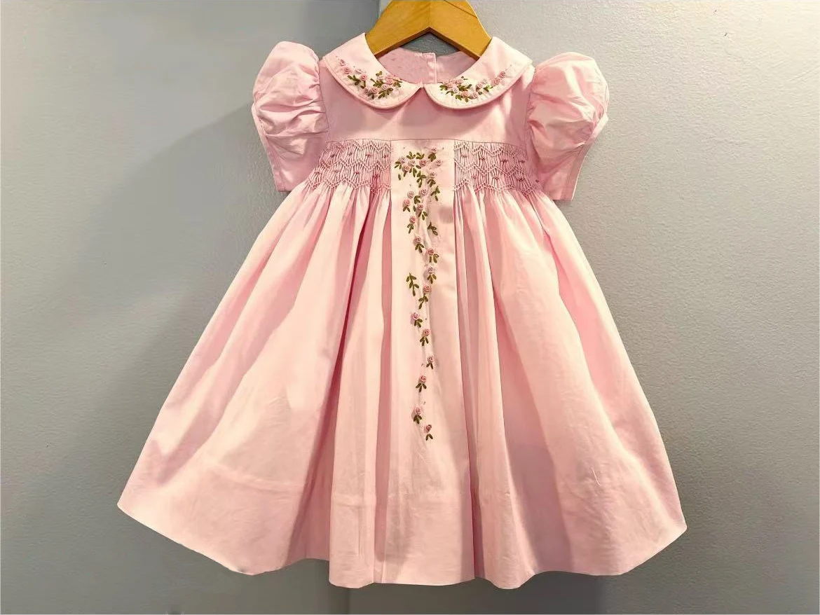 Baby Girl Pink Flower Handmade Embroidery Smocked Dress for Eid Party Birthday Holiday Photography Casual