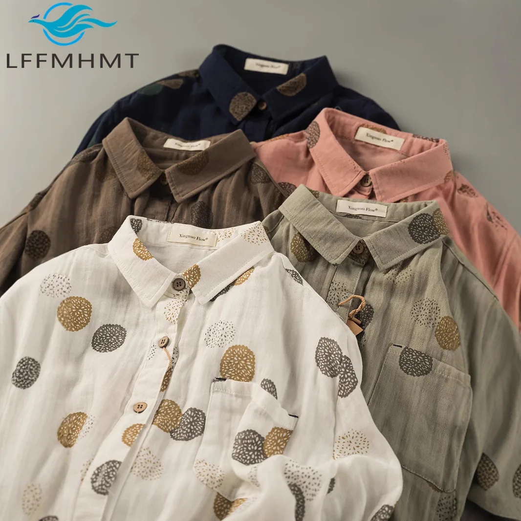 

2026 Spring Fashion Double-layer Cotton Gauze Shirt for Women Printed Long-sleeve Mori Girl Style Casual Blouse Tops Female