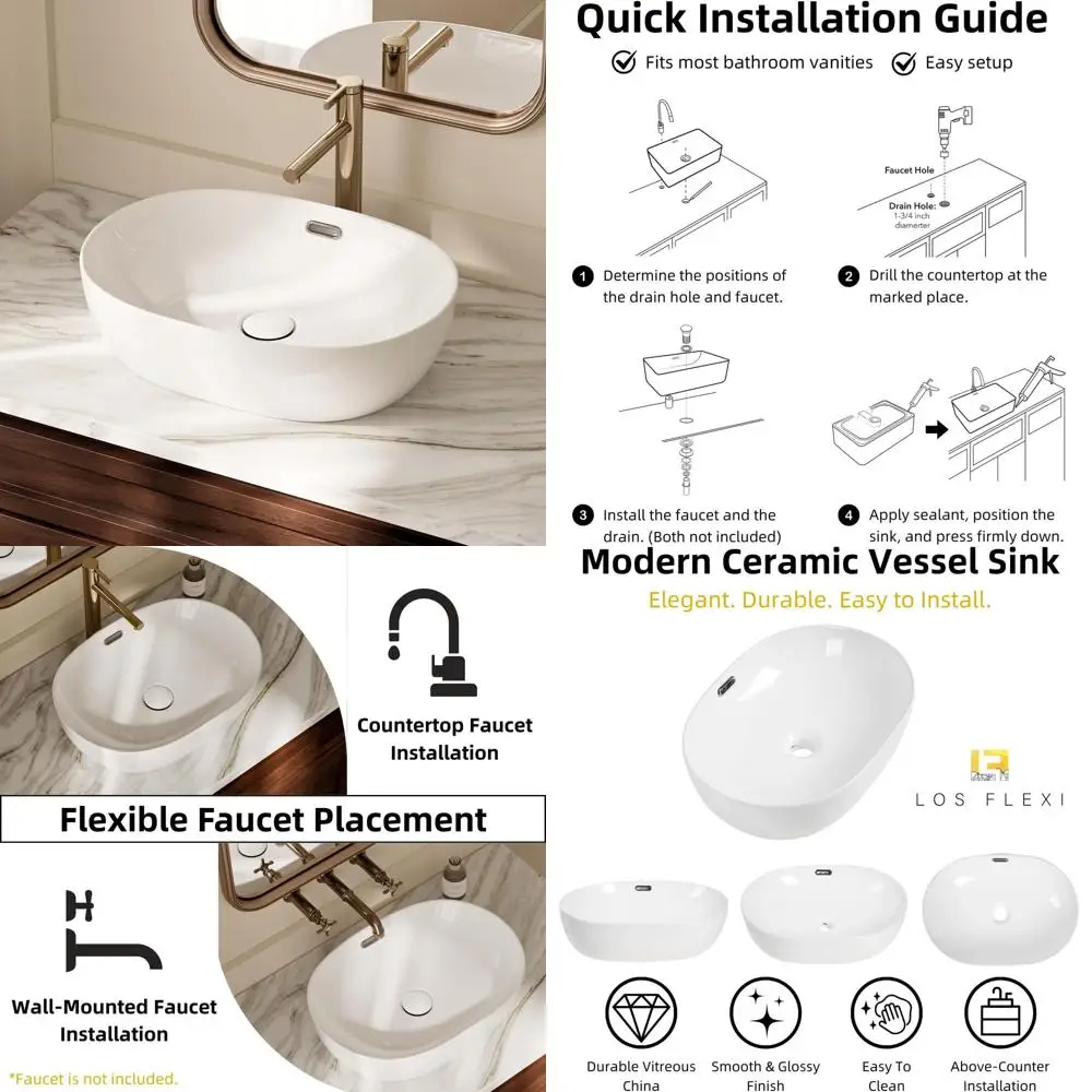 19 Oval White Ceramic Countertop Bathroom Sink with Overflow, Ideal for Small Spaces, Easy Above-Counter Installation