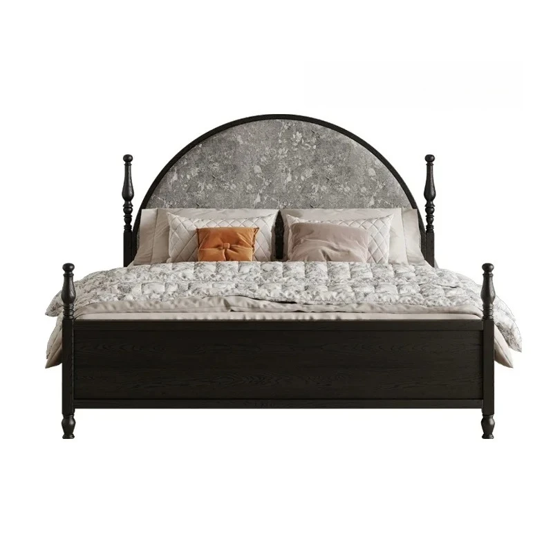 Retro Solid Wood Bed Modern Simple Round Head  Light Luxury Master Bedroom Double Bed Black Princess Bed