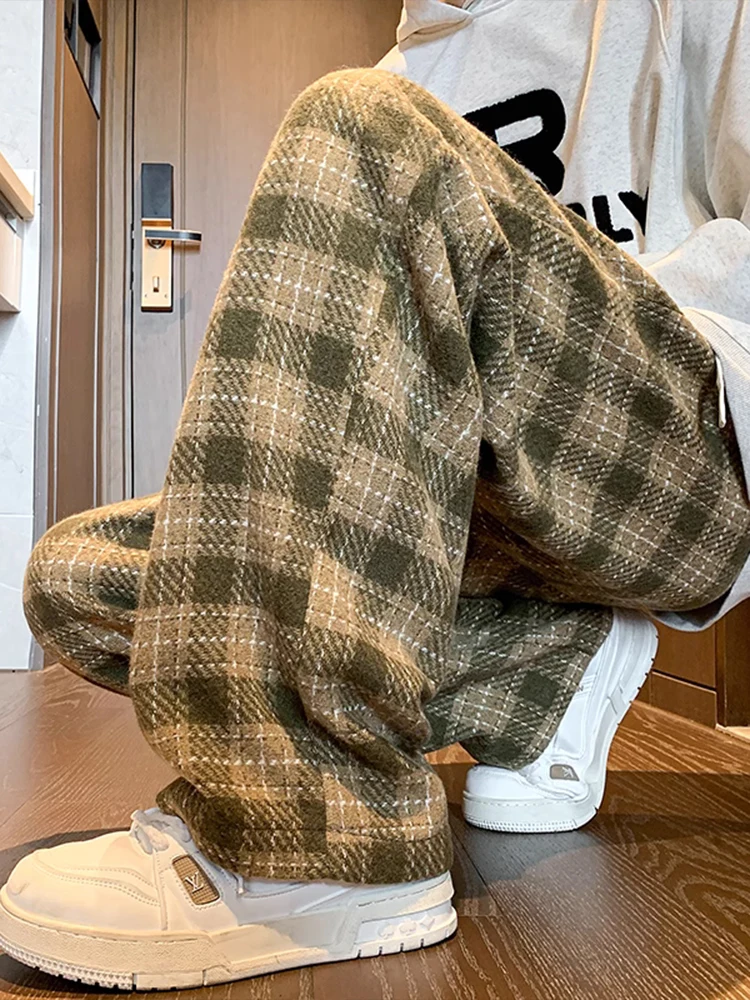 

Американские утепленные шерстяные брюки для мужчин: осенне-зимние, в клетку, повседневные, прямые, модные, брендовые