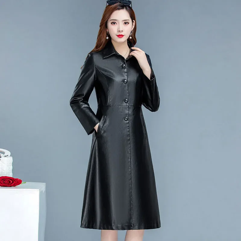 Chic Casual Leather Jacket Women Overcoat 2024 Spring Autumn New Korean Mid-length Slim Single-Breasted Leather Trenchcoat Coat