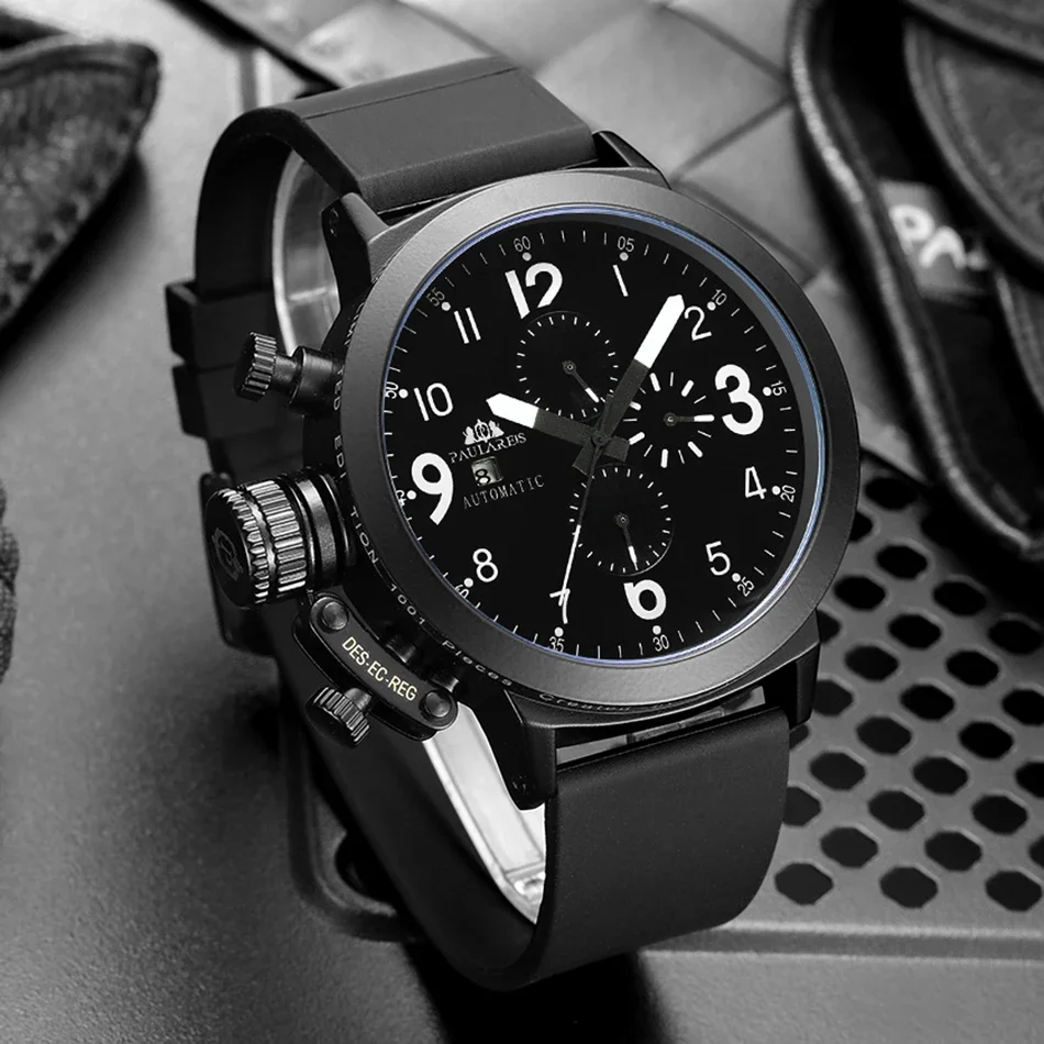 ساعة أوتوماتيكية للرجال ميكانيكية ذاتية الرياح قارب مطاطي حافظة برتقالي أزرق أصفر رمادي موضة اليد اليسرى U