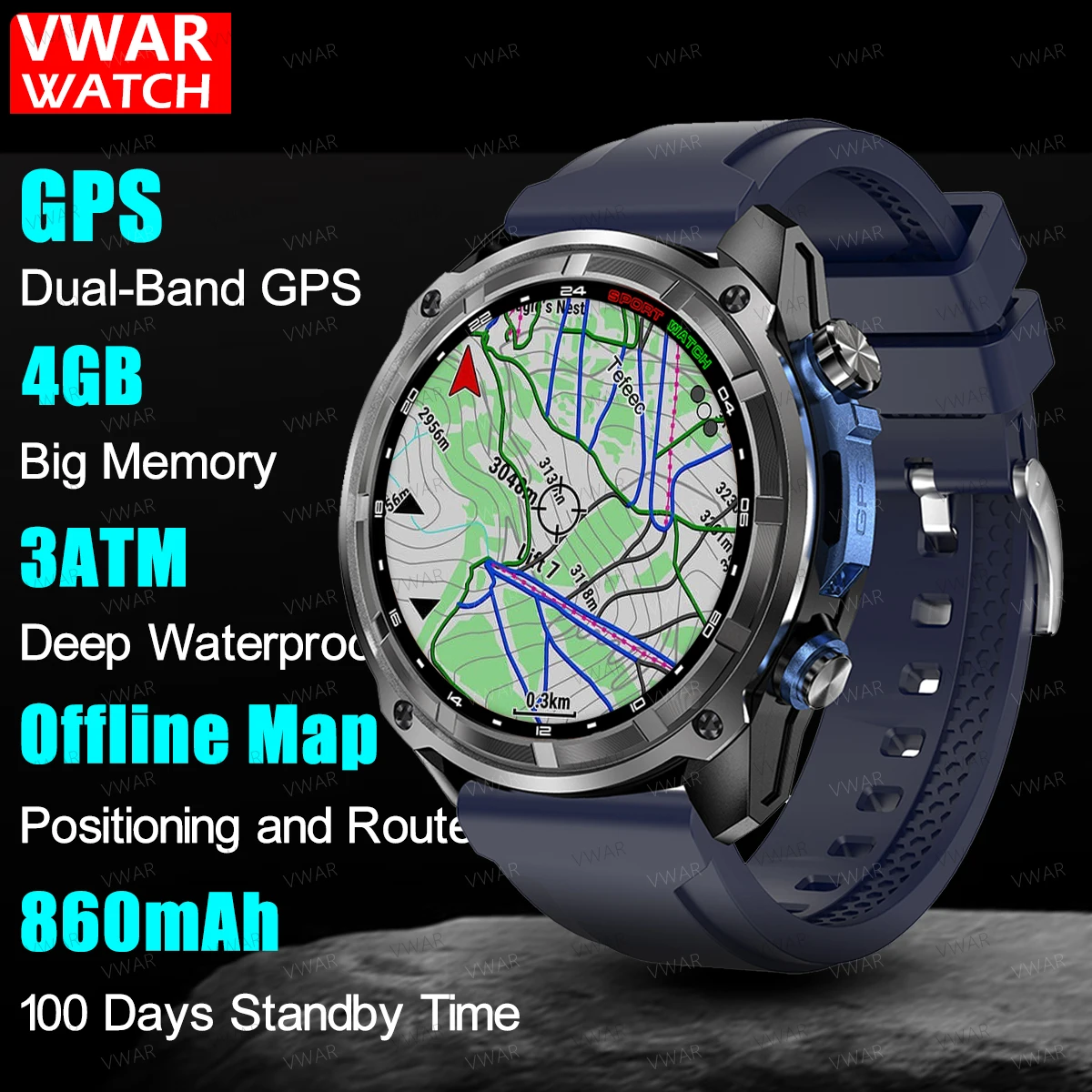 

VWAR DTG1 GPS Смарт-часы 6 спутниковых навигаций с автономными картами Спортивные часы 3ATM Водонепроницаемый компас Мужские умные часы с пульсометром