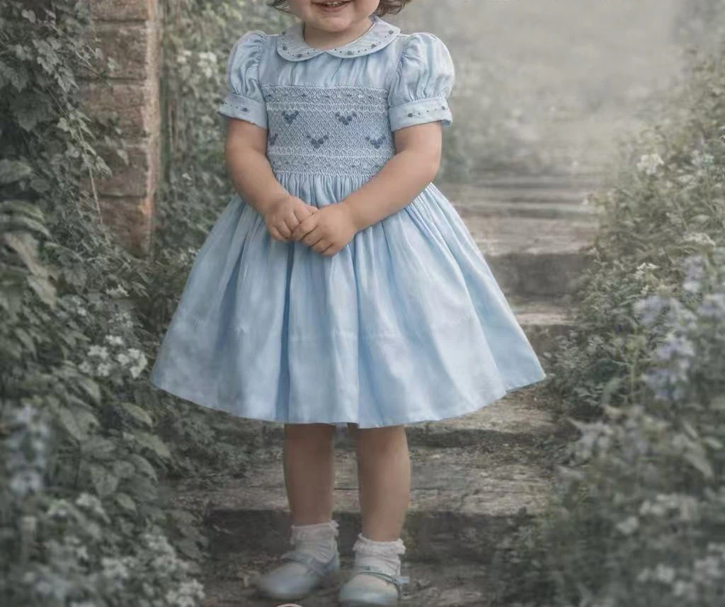 0-6Y Baby Girl Summer Blue Handmade Embroidery Smocked Vintage Princess Dress for Birthday Photography Holiday Eid A329