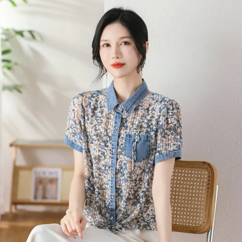 

2024 Sumner Women Floral Chiffon Shirts With Denim Edging Patchwork & Hem Knot Design Tops Short Sleeve Leisure Clothings Ladies