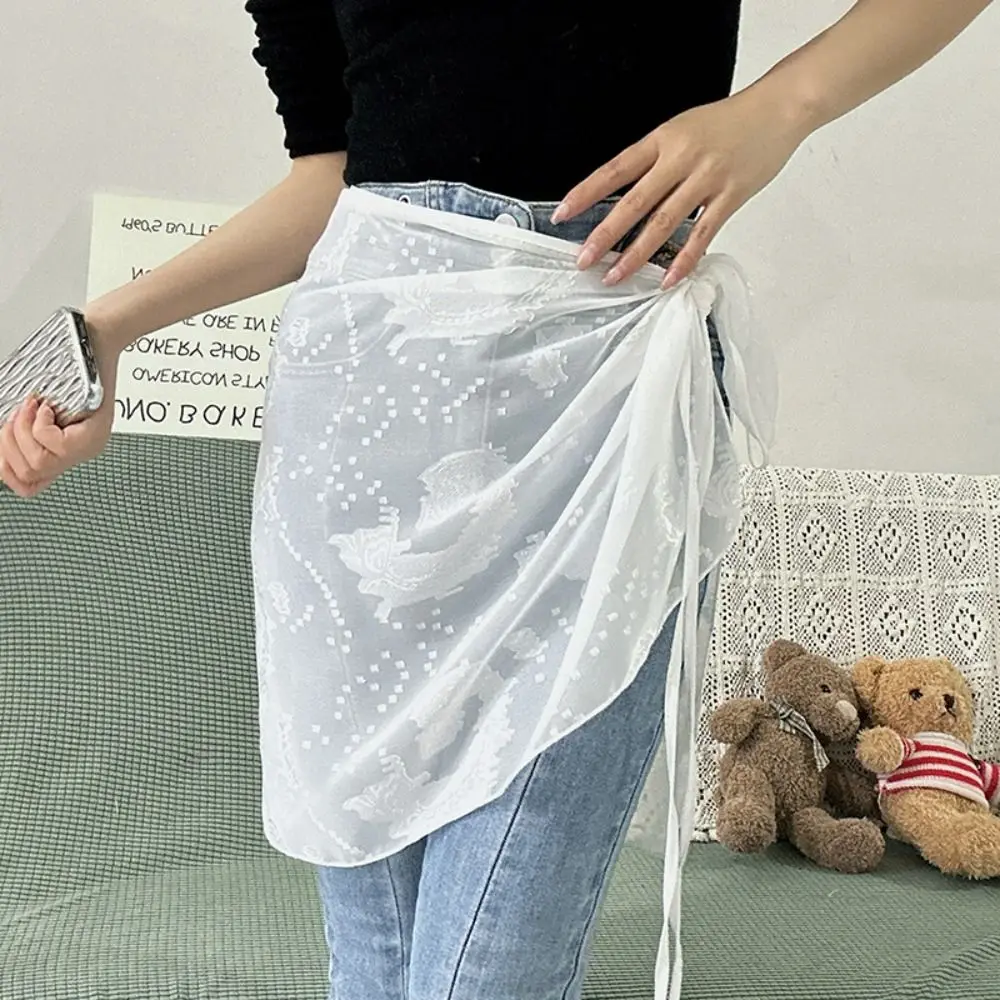 

Kawaii Waves Lace Open Skirt Solid Color Lace See Through Skirt Y2k Korean Style Mesh Skirts Streetwear