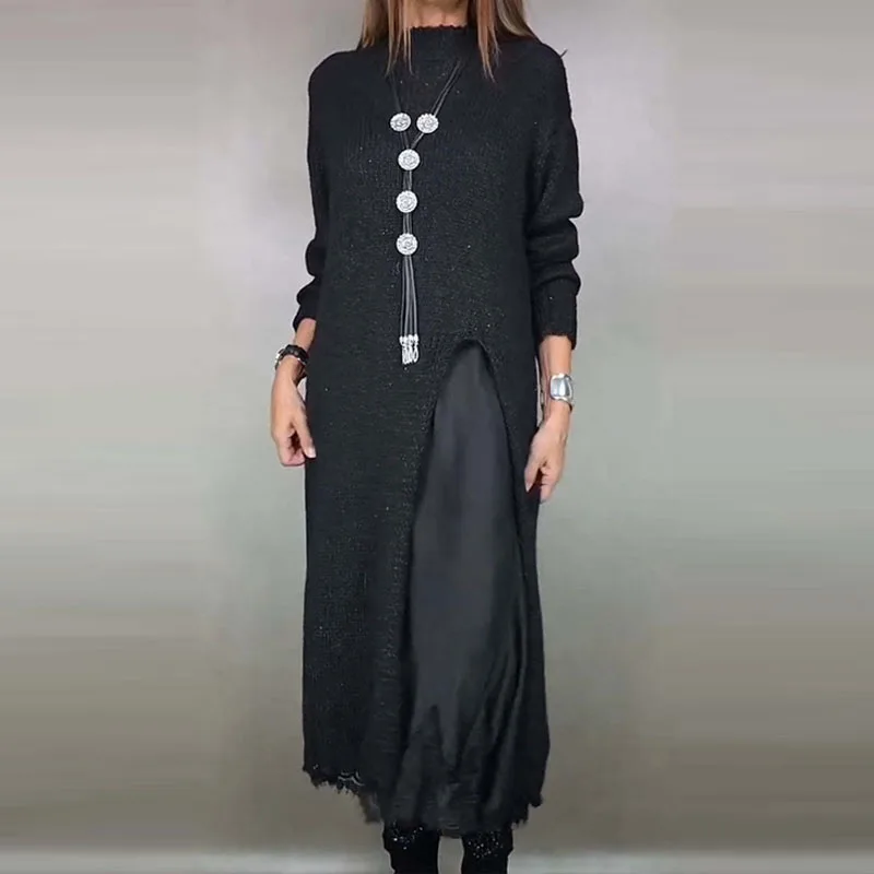 Conjunto de 2 piezas de falda larga con empalme de encaje elegante para mujer, conjunto informal de manga larga de Color sólido, falda larga Sexy con cuello en V y falda de punto