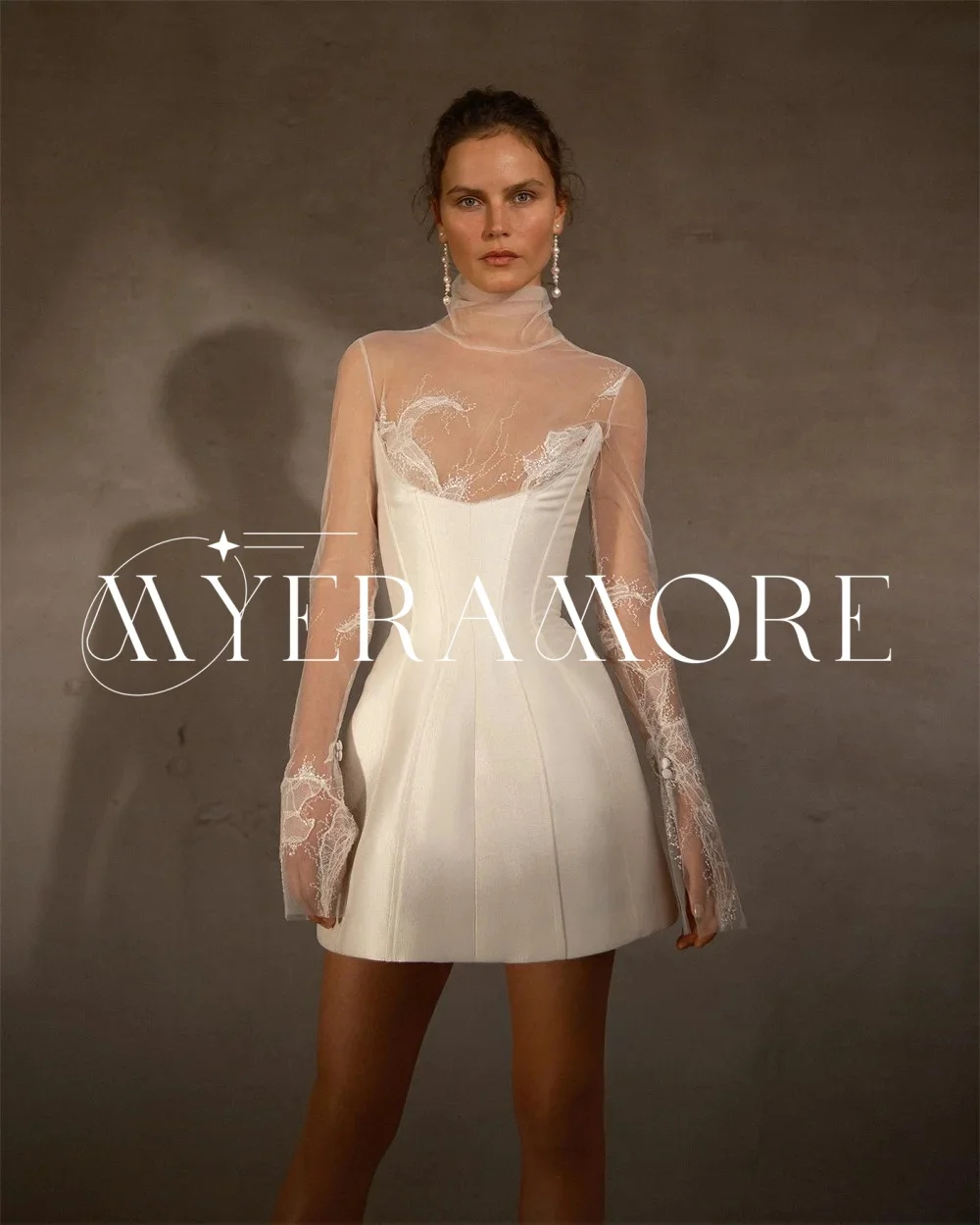 Simple Satin Short Wedding Dresses Lace Long Sleeve Bride Dress High Collar A-Line Prom Gowns Customized vestidos de novia