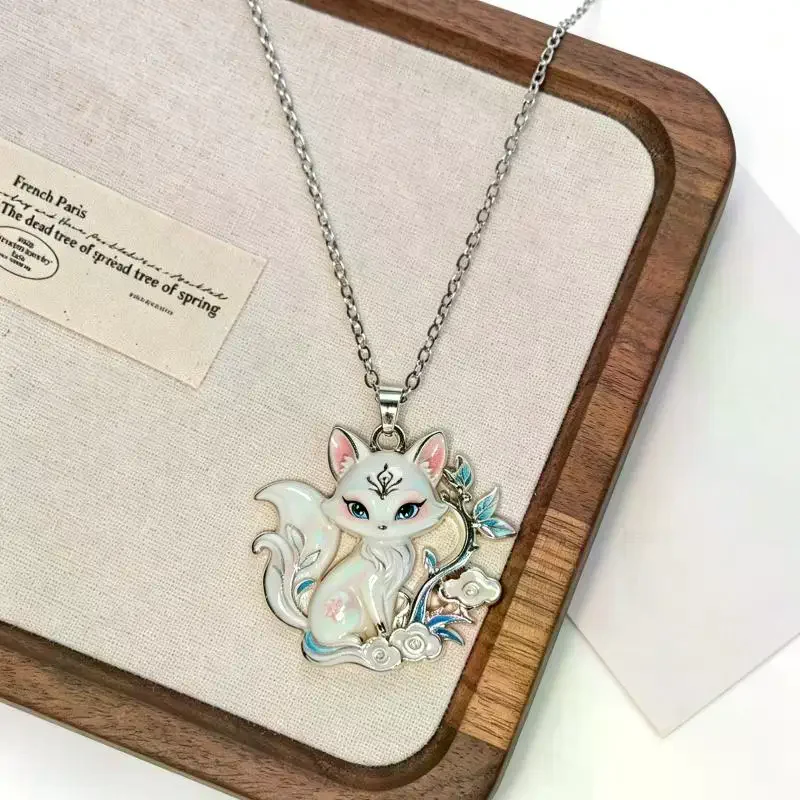 Chinese Mythology Nine Tailed Fox Enamel Pendant Necklace For Women Silver Tone Chain Trendy Exquisite Jewelry Gifts