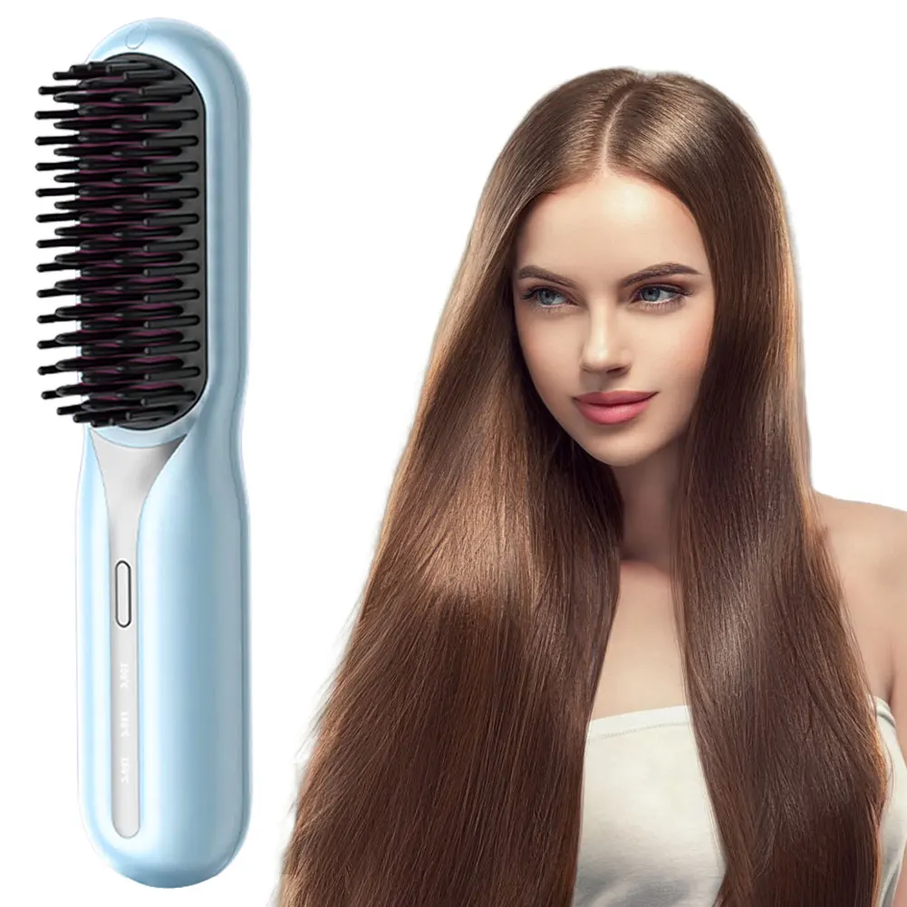 Cordless Hair Straightener Brush Anti-Scald Hair Straightening Comb 3 Temp Settings Hair Straightener Comb for Women