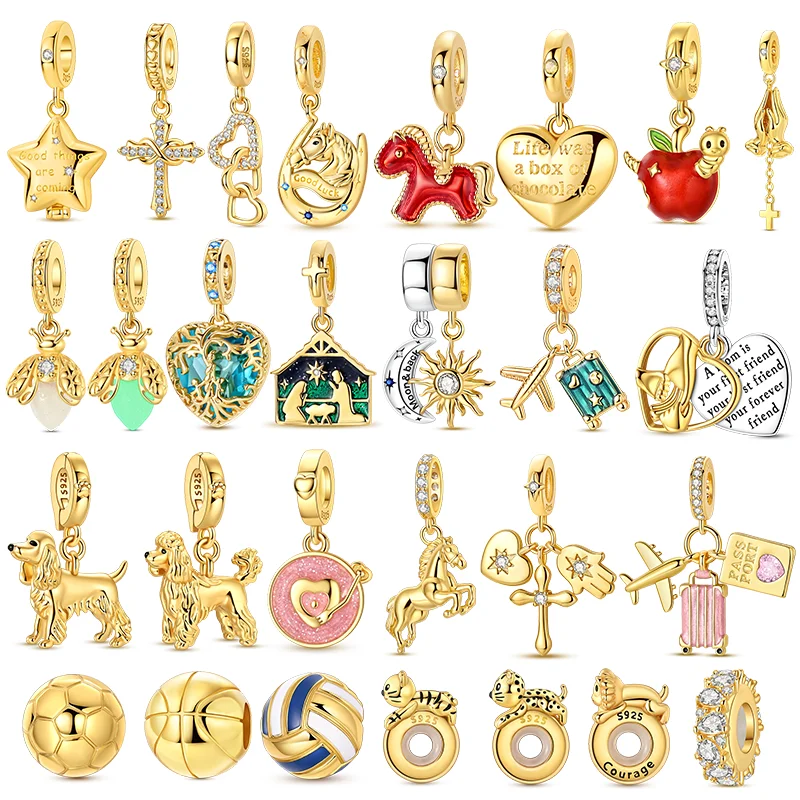 Image of Neue 925er Sterlingsilber-Anhänger-Perlen, goldener Hund, Apfel, Pferd, Sterne, Schmuckanhänger, passend für Originalarmbänder, für Damen, DIY-Geschenk