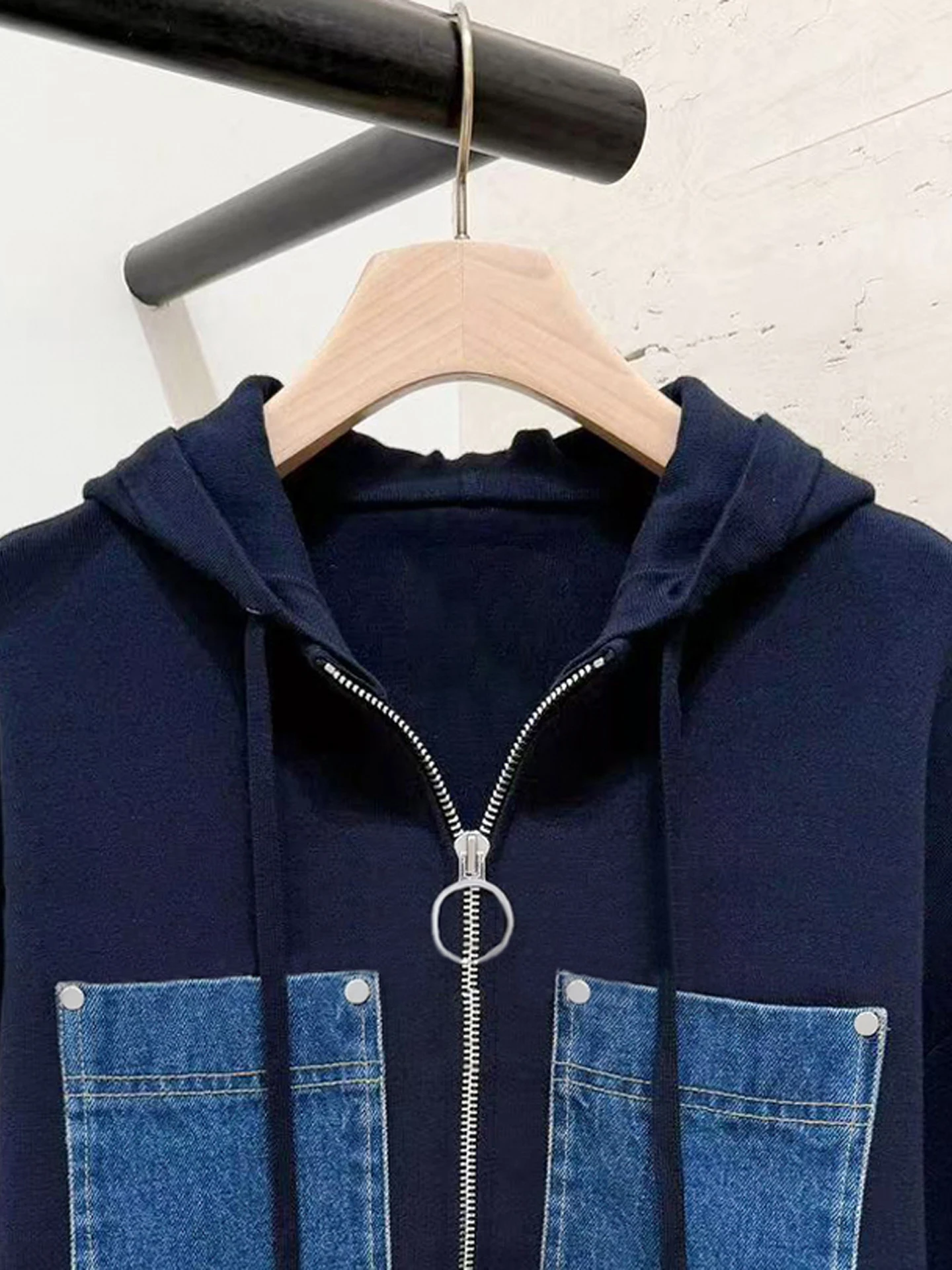 

High-End Women's Denim Knitted Cardigan Coat with Dstring Hood ort Sle Commute Faion Straight Tube Long Sve
