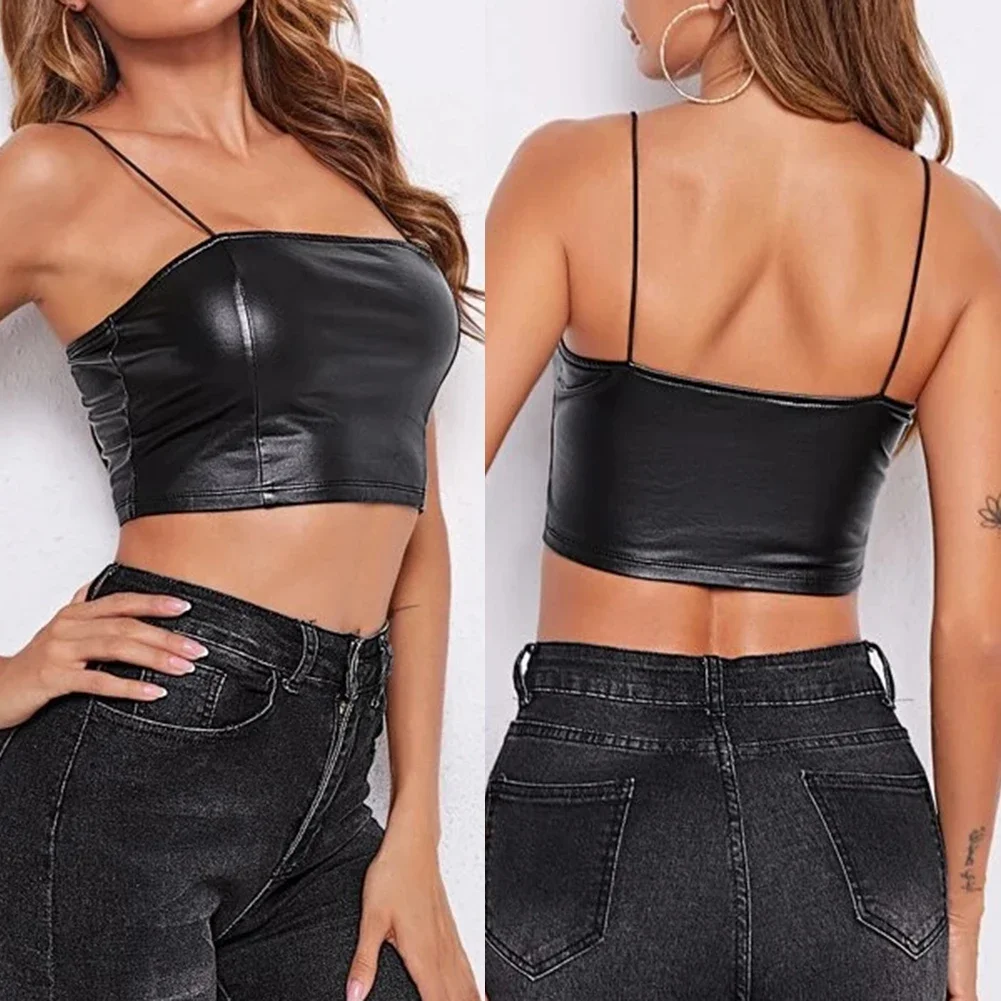 Strappy Tank Top Women Pu Leather Gothic Sexy Camisole Black Vest Bodycon Crop Camisole Sexy Casual Crop Top Strappy Precious