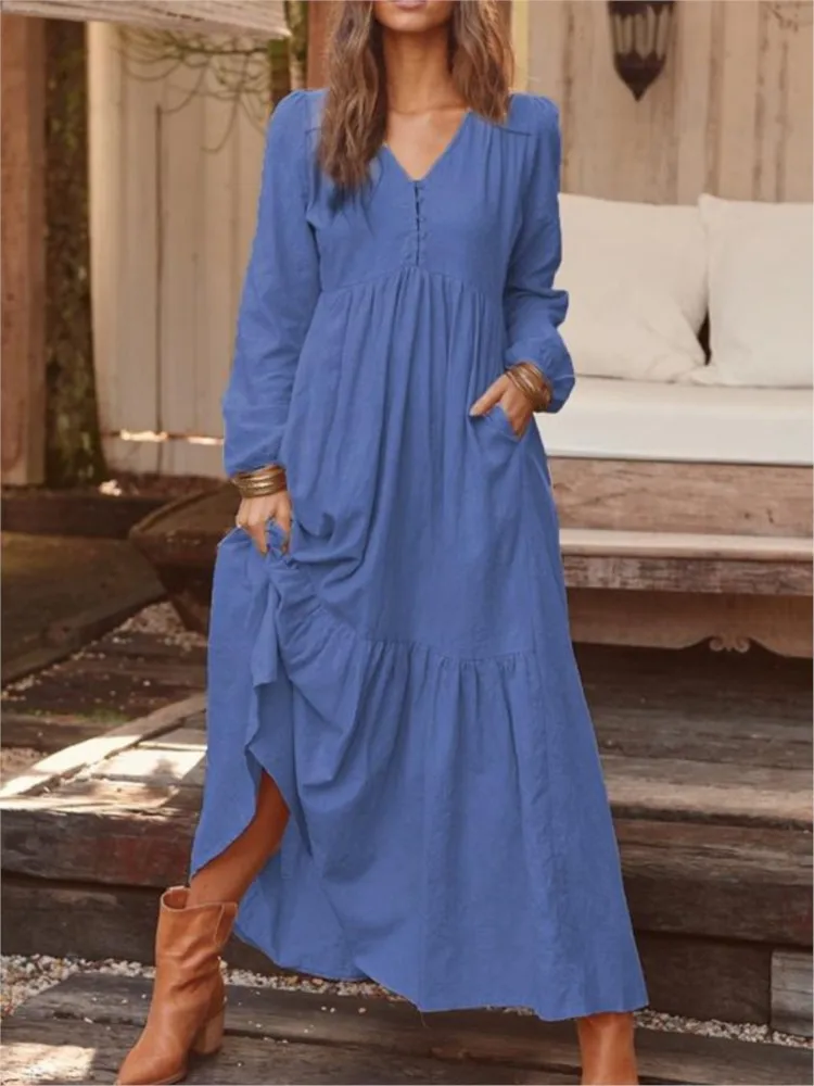 Women\'s Button Cotton And Linen Retro Casual Long-sleeved Dress Autumn New Fashion Solid Elegant Beach Party Dresses Robe Femme