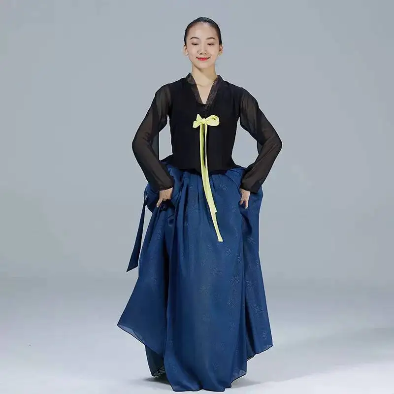 women-korean-ethnic-dance-costume-sheer-long-sleeve-bow-tie-top-loose-wide-swing-long-skirt-folk-dance-competition-outfit-set