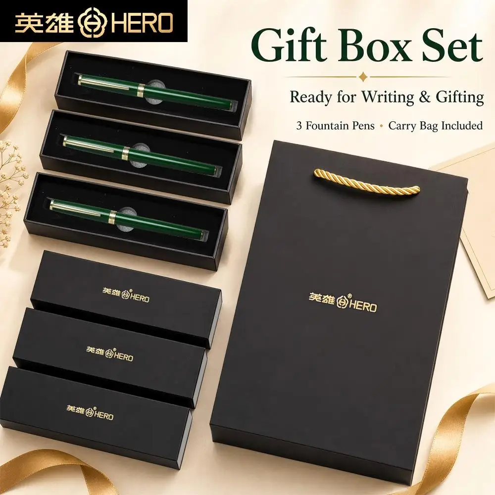 HERO P108 Moss Green Iridium Fountain Pen Set with Ink Cartridges and Gift Box Handbag Luxury Gift for Student Smooth Writing