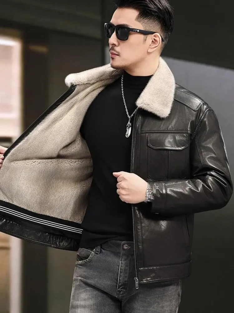 Fashion Leisure Zipper Turn Down Collar Genuine Leather Jacket Solid Color Pocket Slim Male Sheepskin Long Sleeves Outerwear - Image 3