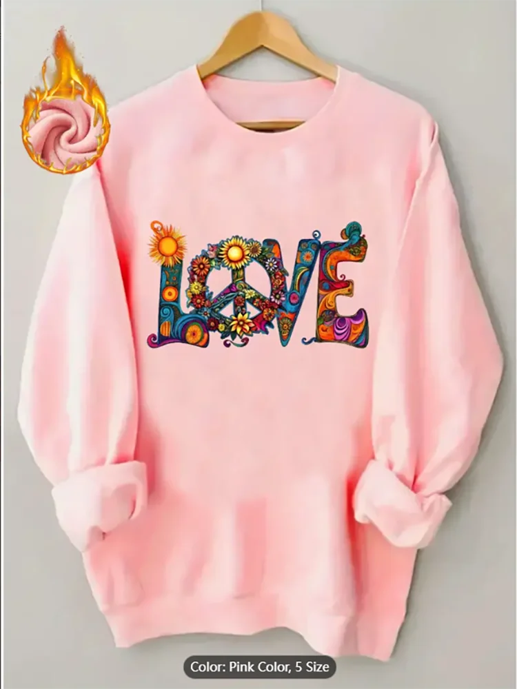 

Womens Pink Sweatshirt with Hippie Love Graphic Print Fleece Lined Casual Oversized Pullover Top for Hippie Style Lovers Cotton