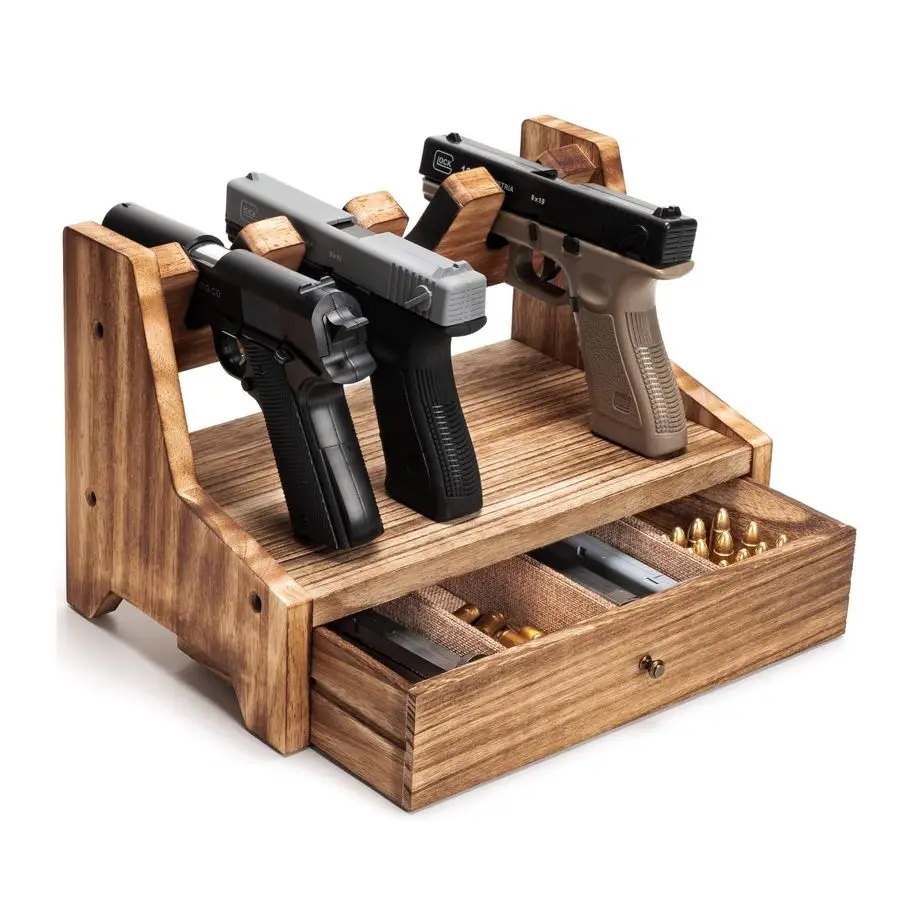 

Pistol Rack Gun Safe, Real Wood Handgun Rack Holder for Gun Cabinet Accessories, Rustic Style Gun Rack Organizer for Nightstand