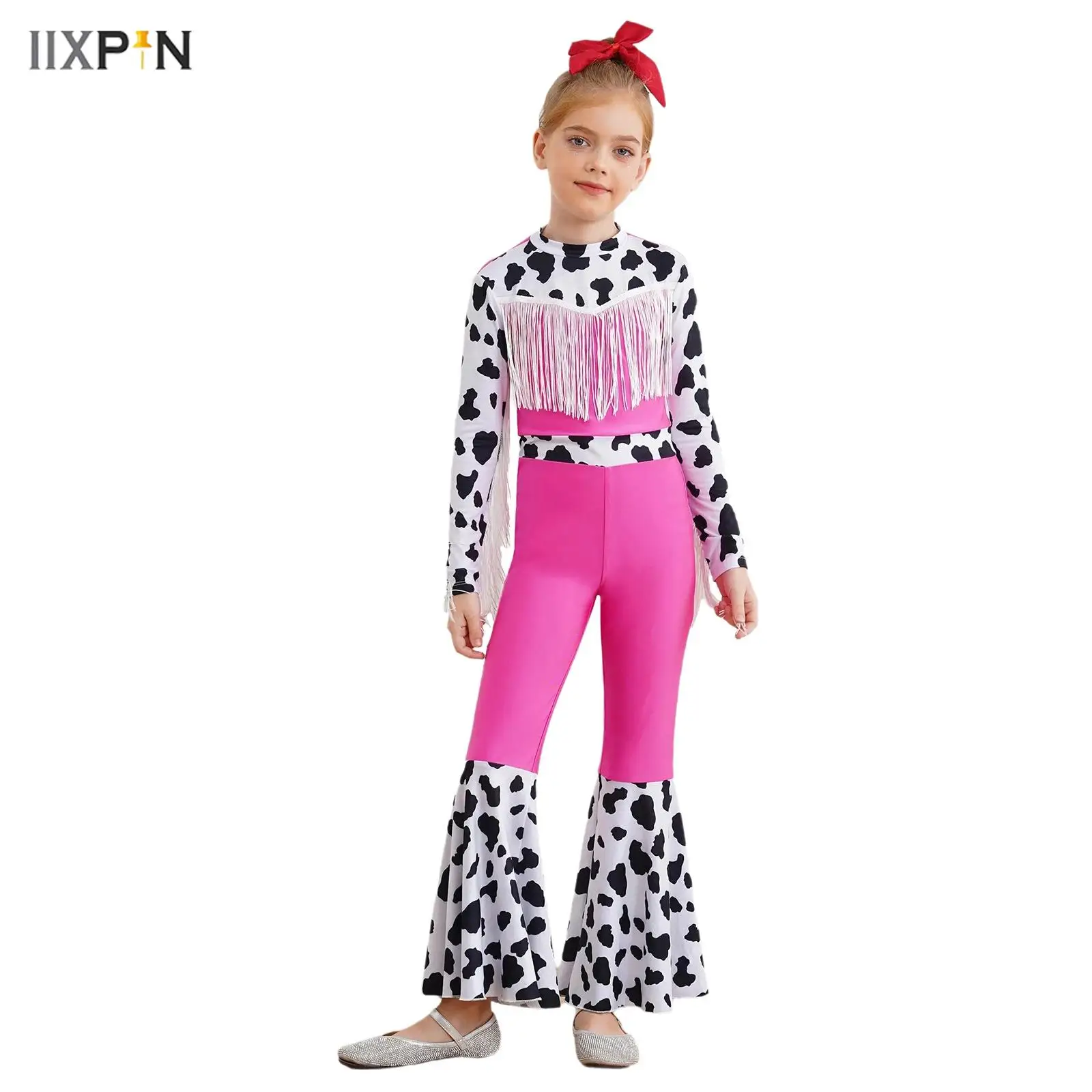 

Girls Western Cowboy Cowgirl Costume Long Sleeve High Waist Bodysuit Fringe Cow Printed Flared Jumpsuit for Halloween Cosplay