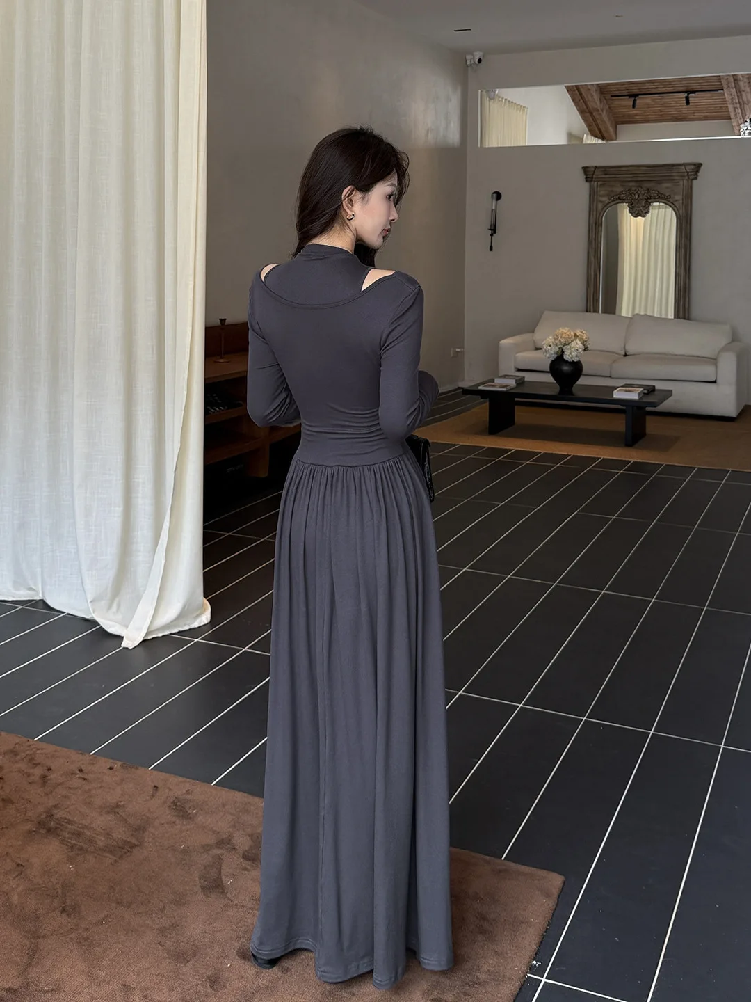 프렌치 스타일 투피스 그레이 오프숄더 드레스 여성 봄 가을 컷아웃 A라인 미디 드레스 우아한 솔리드 플레어 스커트 오피스룩