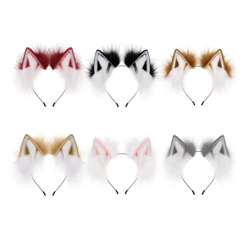 Y1UB Wolf Ear Headbands Handmade Realistic Hairband Plush Headbands for Animes Theme Gatherings Christmas Gift for Girls