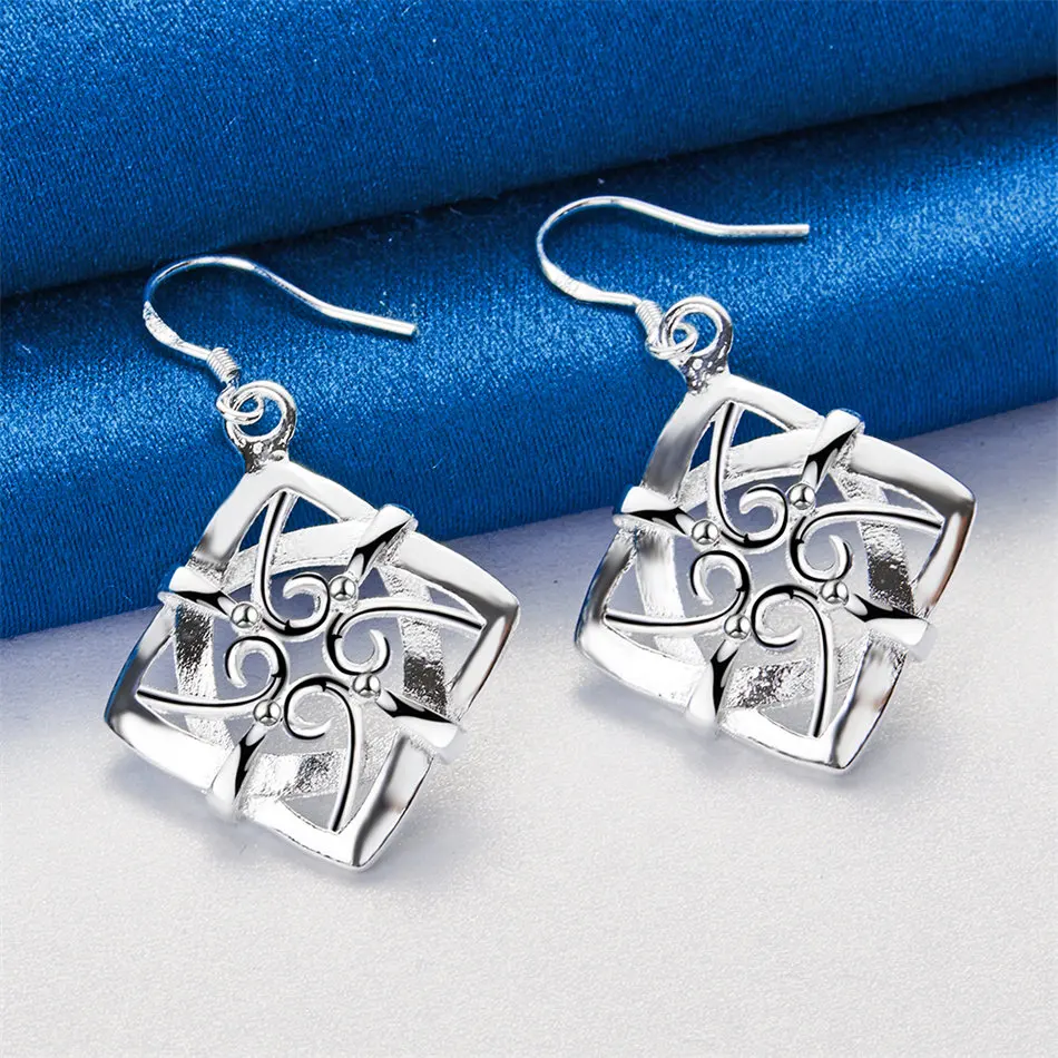 925 Sterling Silver Delicate Square Pattern Openwork Earrings for Women - Fashionable Engagement Gift Jewelry