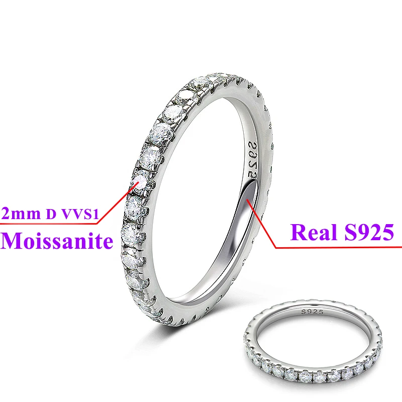 Solid 2mm 3mm White Round Moissanite Diamond Full Eternity Band 925 Sterling Silver Jewelry Wedding Ring Valentine's Day Gift