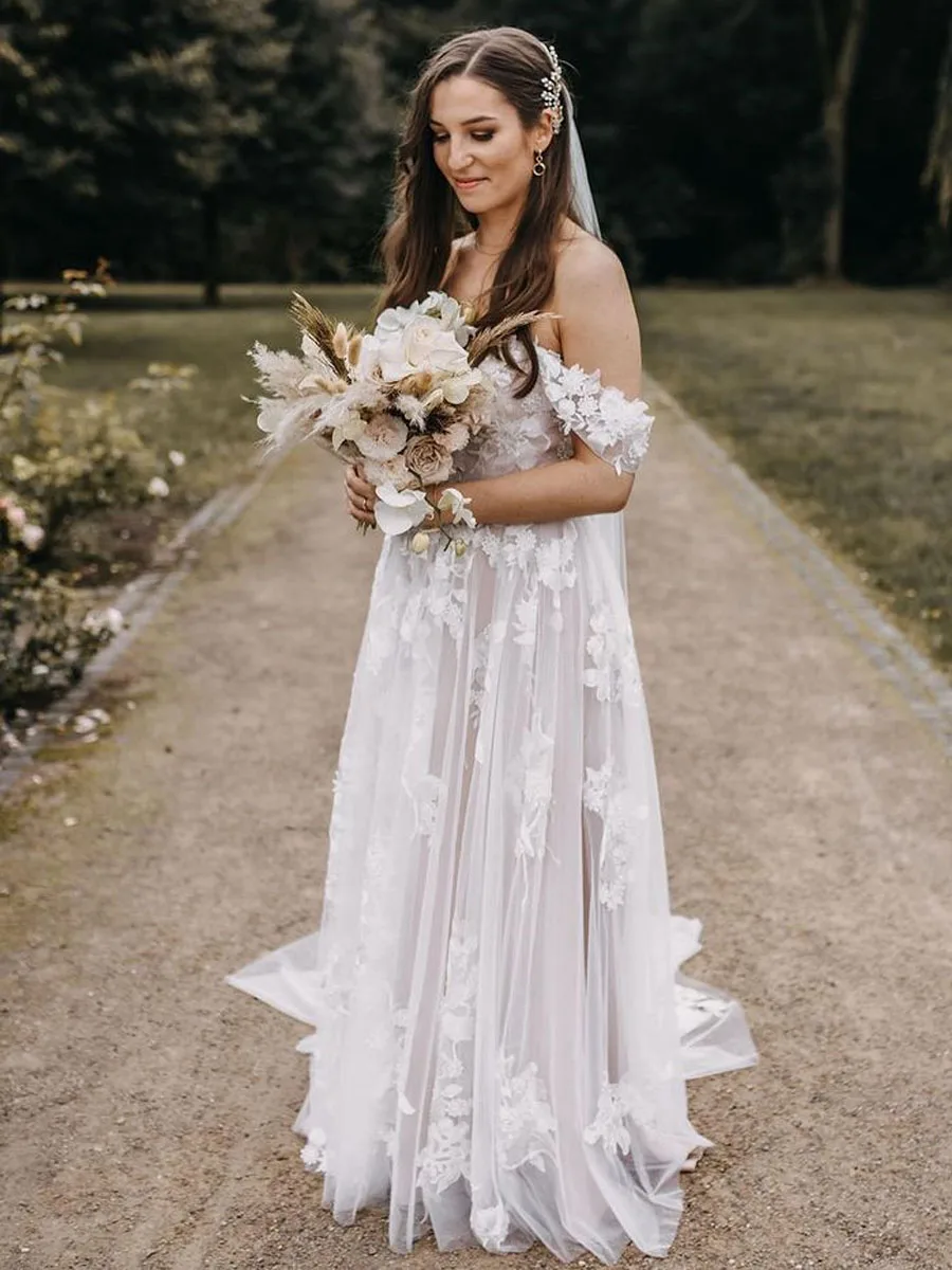 Vestido De novia Formal con escote Corazón y hombros descubiertos para mujer, traje De tul con apliques, corte en línea, hecho A medida