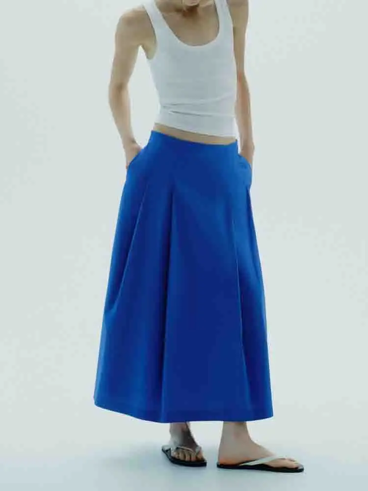 

European style new women's fashion versatile temperament leisure solid color pleated mid-waist long midi skirt