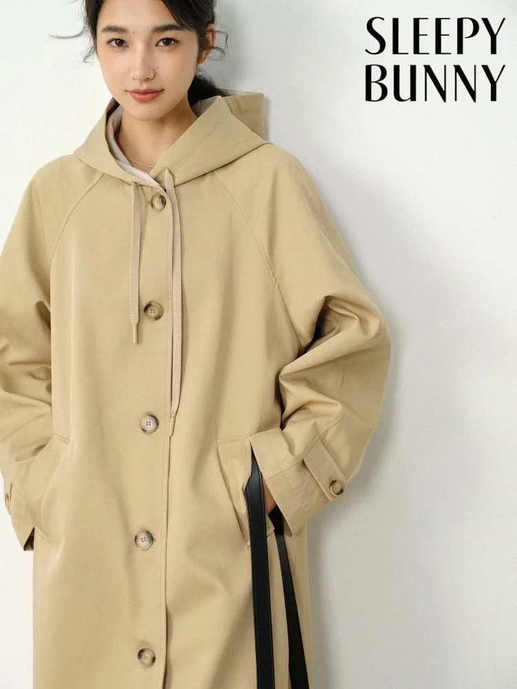 

Women Spring Khaki Hooded Trench Loose Slimming Elegant Casual Premium Long Coat Lady Sophisticated Daily Wear Contrast Lining