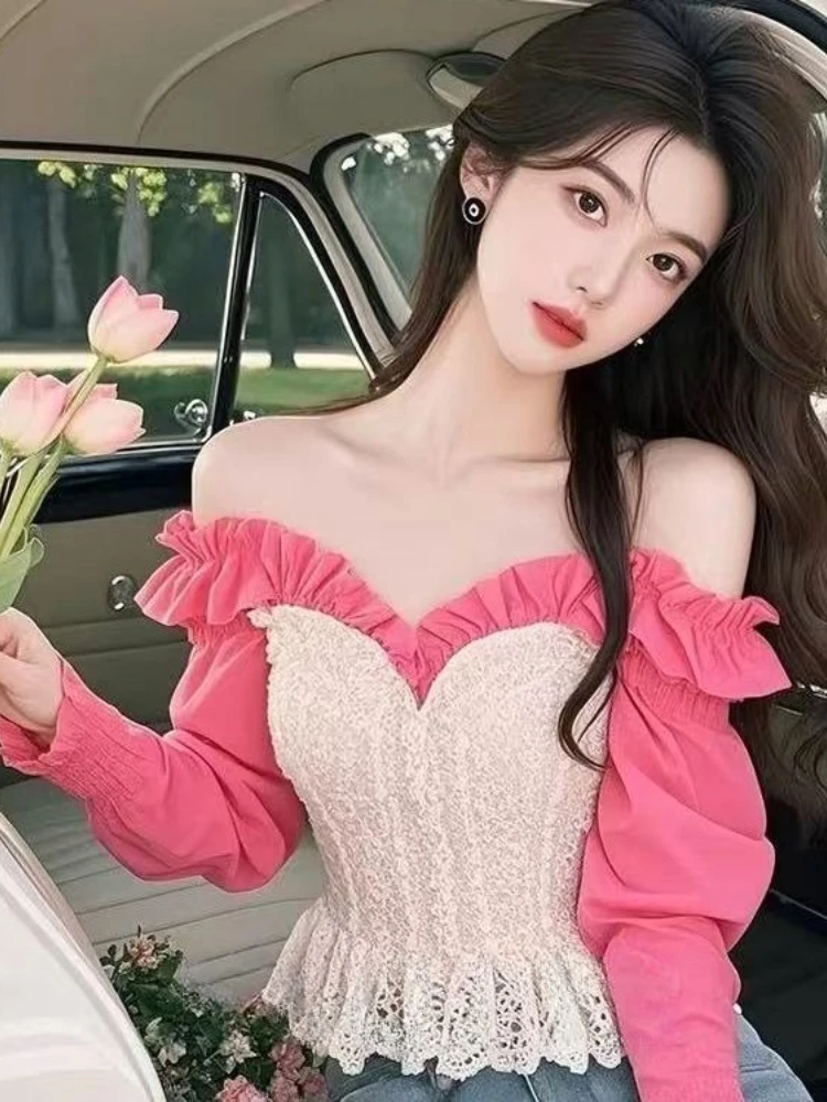 

Fashion Sweet Design Shirts Slash Neck Long Sleeve Off Shoulder Crop Tops Hook Flower Hollow Blouses Female Slim Women Clothing