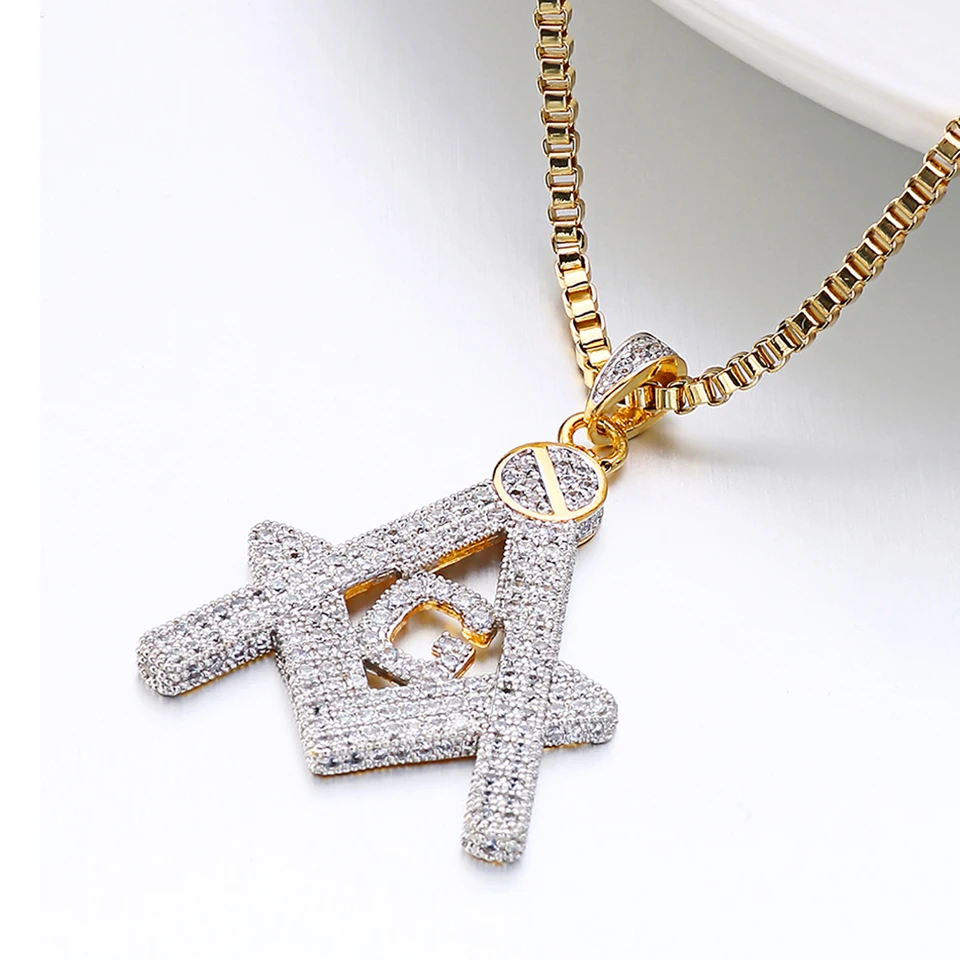 Paved Punk Iced Out Pendant G Necklace Initial Masonic Symbol Compass Mason AAA CZ Jewelry Fine Quality