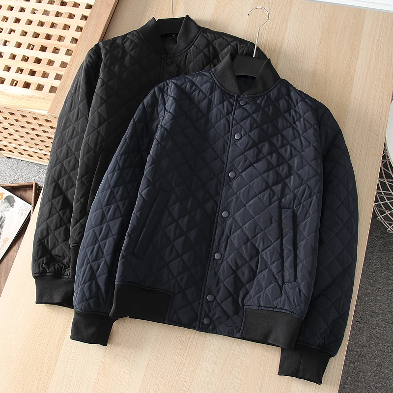Fashionable Diamond Pattern Cotton Baseball Collar Men's Jacket Warm Casual Base Layer Outerwear Standard Fit Youth Style