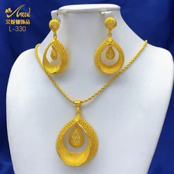 Dubai 24K Gold Color Droplet Necklace Earrings Jewelry Set For Women African Indian Nigeria Bridal Wedding Party Gift Jewellery