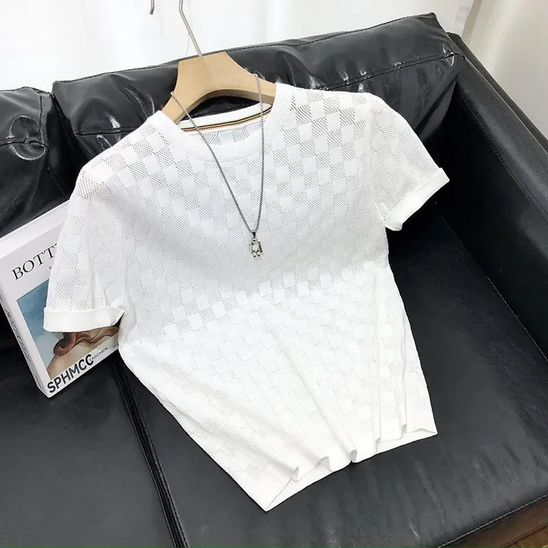 American new light luxury knitted sweater short-sleeved T-shirt men's summer hollow breathable plaid slim-fitting versatile
