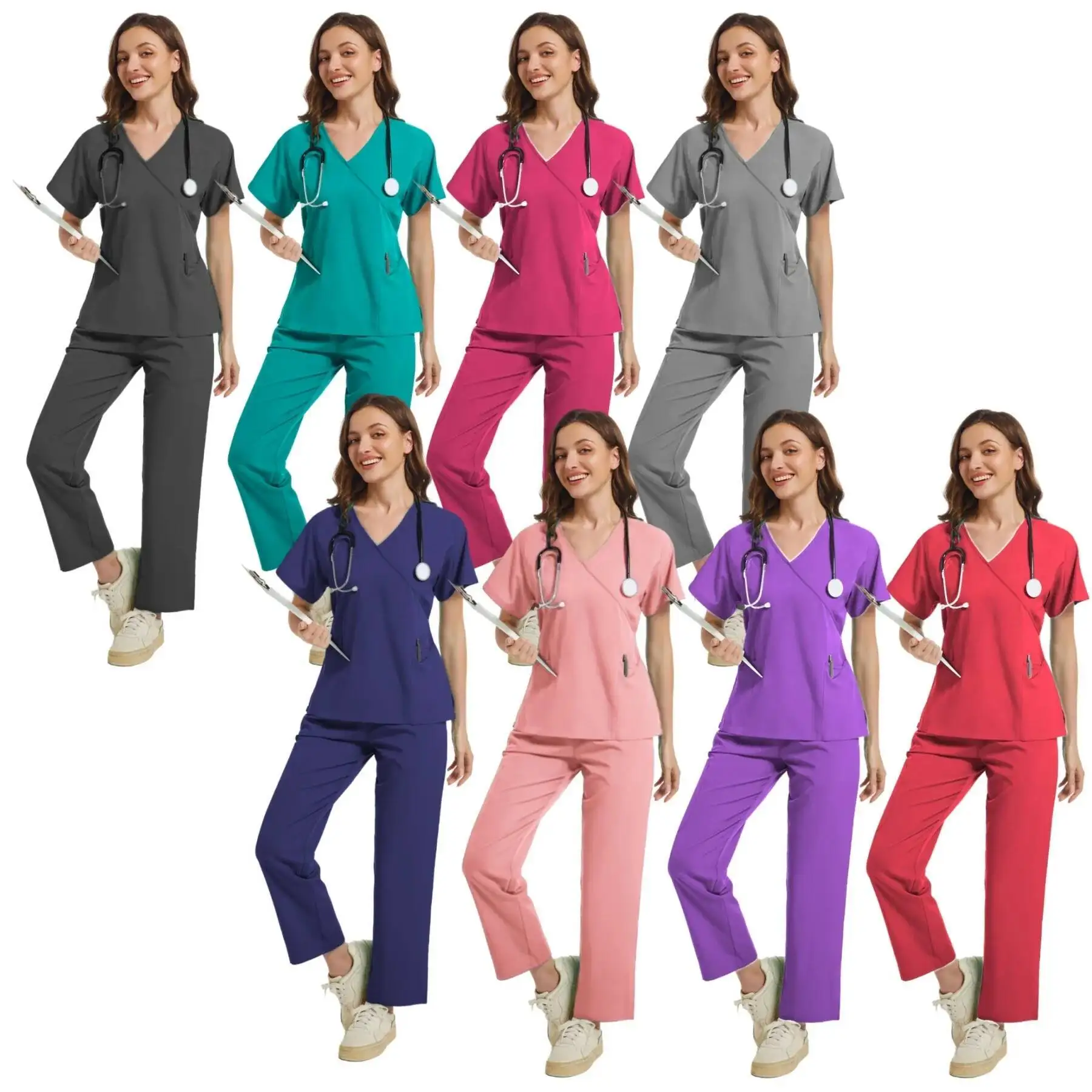 Haut médical extensible pour femmes + pantalon de jogging, uniformes de soins infirmiers, ensemble de gommages cliniques, vêtements de travail anti-poussière pour infirmières et médecins