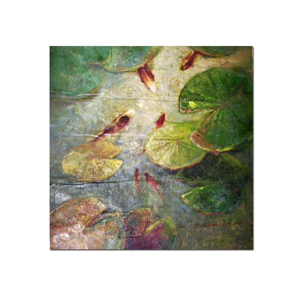 

Hand Painted Oil Painting Classical Koi Carp Fish Pond Leaves Lotus Flower Landscape Reproduction Canvas Wall Art Home Decor